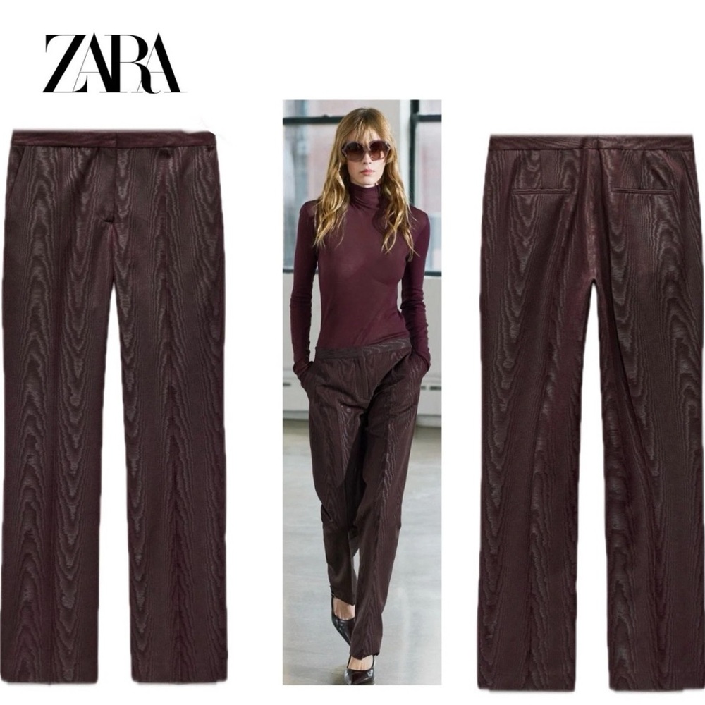 Zara Pants Womens Medium Moire Effect ZW Collection Burgundy Flat Front NWOT